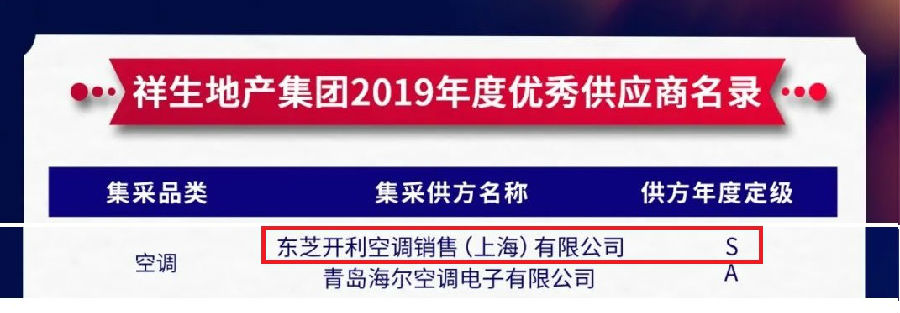 东芝空调入选祥生地产集团2019年度优秀供应商名录